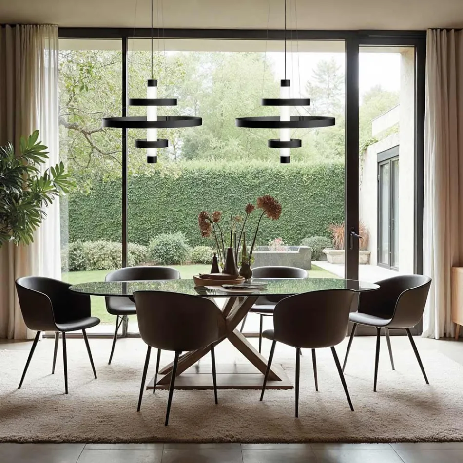 Lustre avec corps en verre et 3 cercles en aluminium - Clara Viadurini