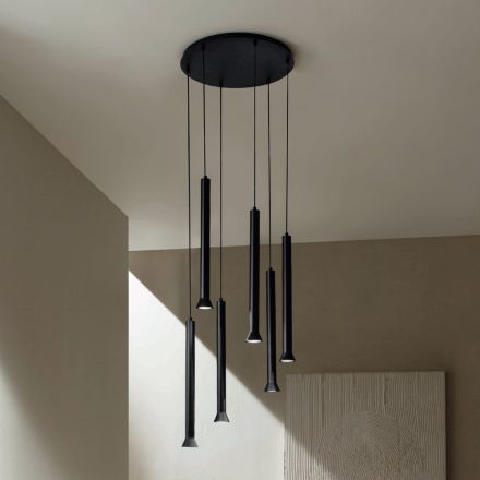 Lustre avec cadre en métal peint en noir et câbles ajustables - Bouleau Viadurini