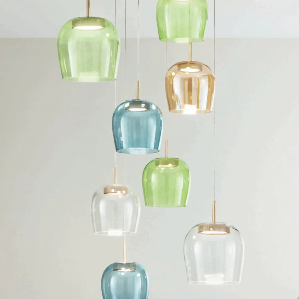 Lustre en métal peint en or avec lumière LED et verre coloré - Charme Viadurini