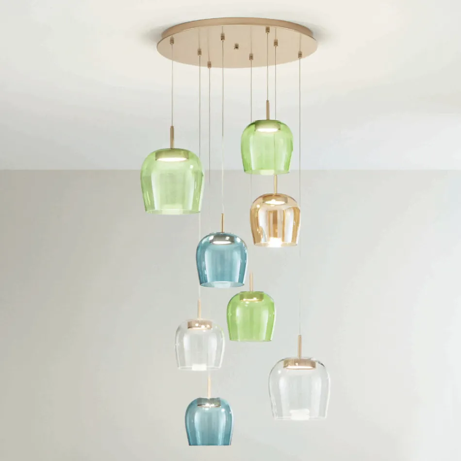 Lustre en métal peint doré et lumière LED et verre coloré - Charme Viadurini