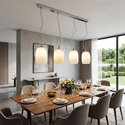 Lustre à quatre lumières sur barre linéaire en verre soufflé, fabriqué en Italie - Soffio Viadurini