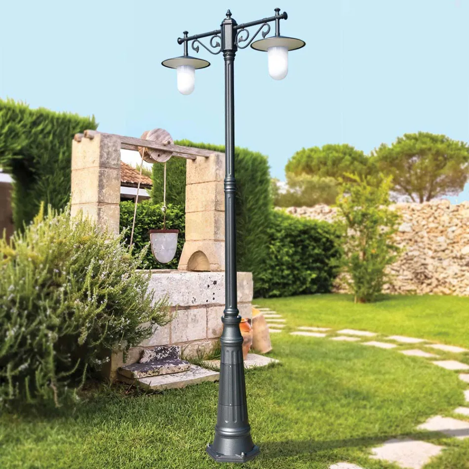 Lampadaire 2 Lumières Style Vintage en Aluminium Gris Fabriqué en Italie - Belen Viadurini
