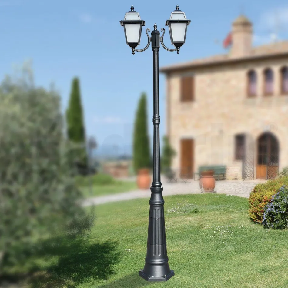 Lampadaire de jardin 238 cm de haut en Aluminium Anthracite et Verre Sablé - Elric Viadurini