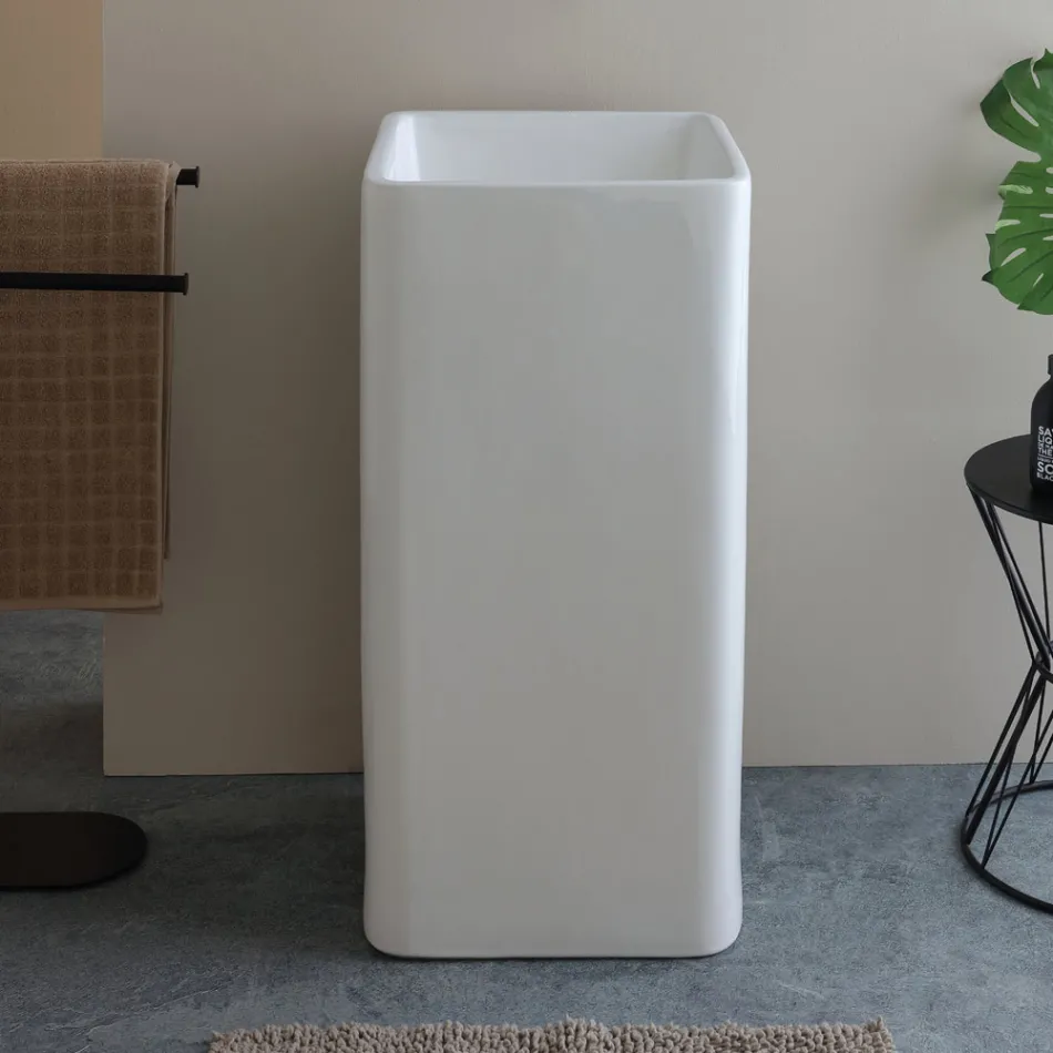 Lavabo carré en céramique sur pied au design moderne - Papavero Viadurini