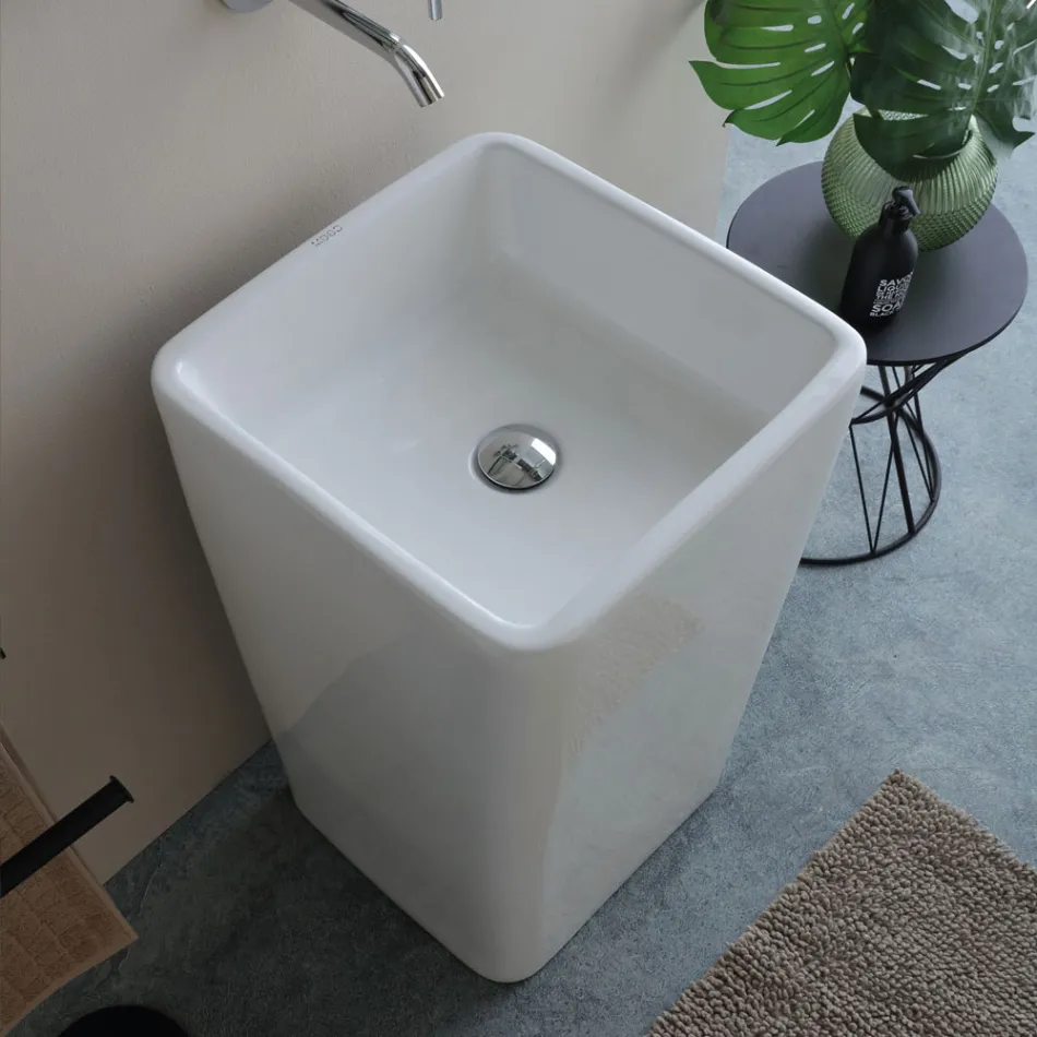 Lavabo carré en céramique sur pied au design moderne - Papavero Viadurini
