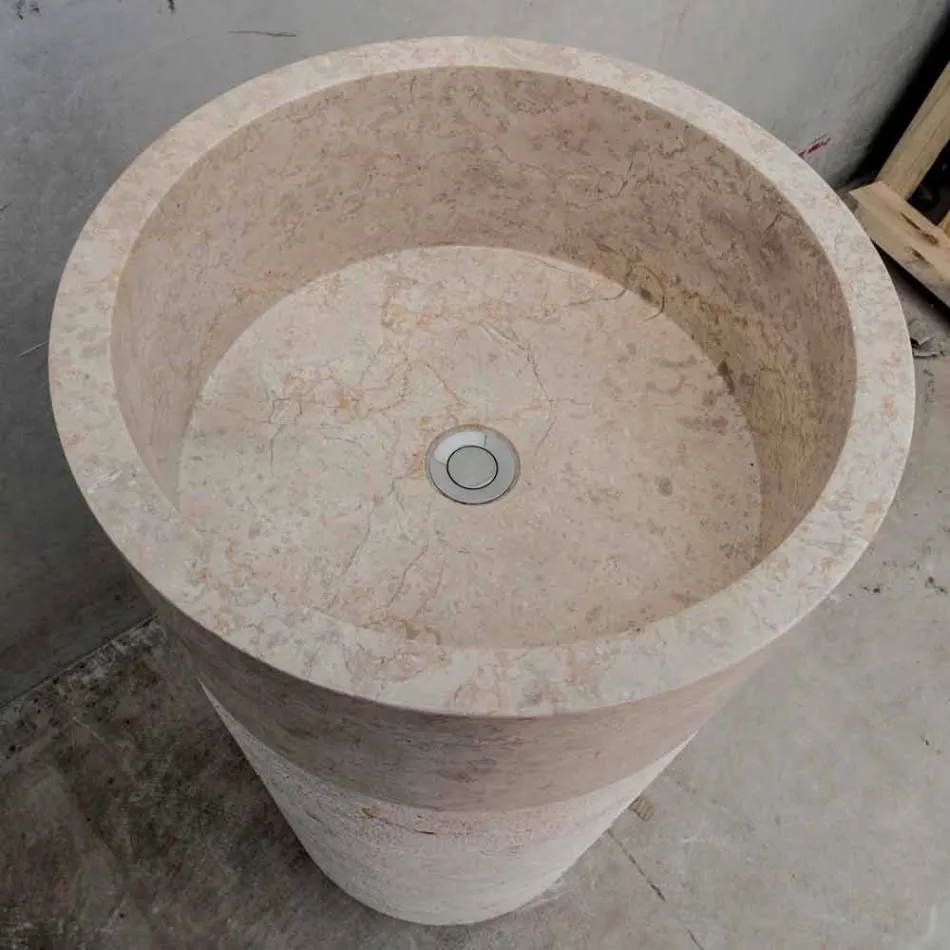 Lavabo de salle de bain sur pied en marbre finition ivoire de forme cylindrique - Cremino Viadurini