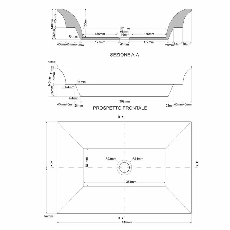 Lavabo semi-encastré en terre cuite et platine fabriqué en Italie, Guido Viadurini