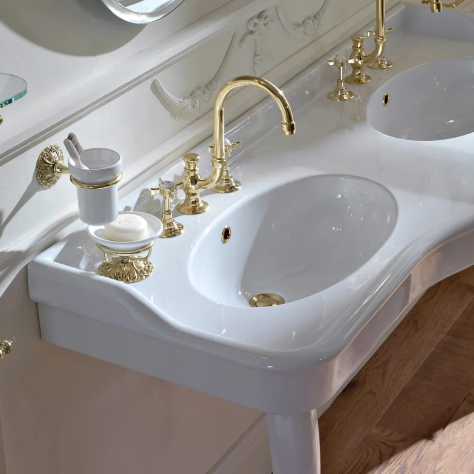Lavabo console vintage avec double vasque et pieds en céramique fabriqué en Italie - Paulina Viadurini