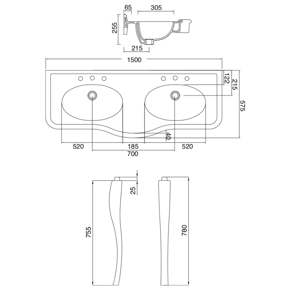 Lavabo console vintage avec double vasque et pieds en céramique fabriqué en Italie - Paulina Viadurini