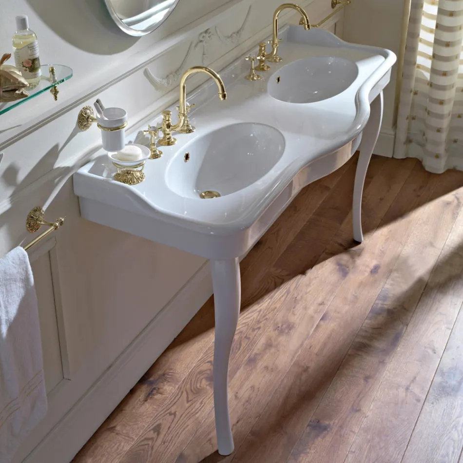 Lavabo console vintage avec double vasque et pieds en céramique fabriqué en Italie - Paulina Viadurini