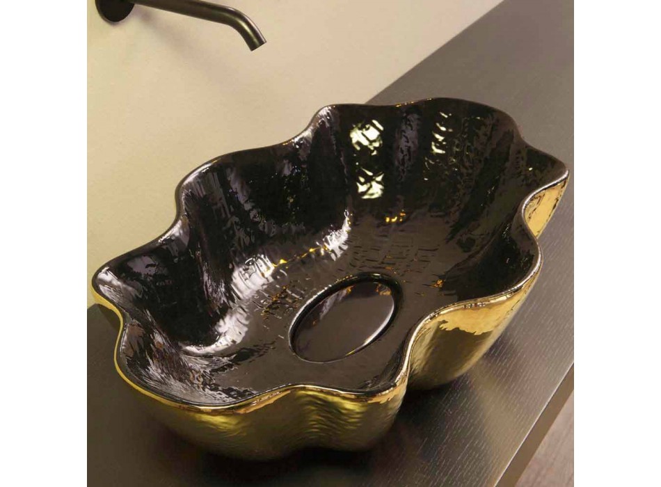 Vasque à poser en céramique noire et dorée, fabriquée en Italie Cubo Viadurini