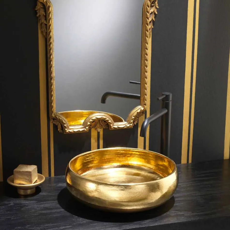 Lavabo à poser design en raku doré fabriqué en Italie, Ramon Viadurini