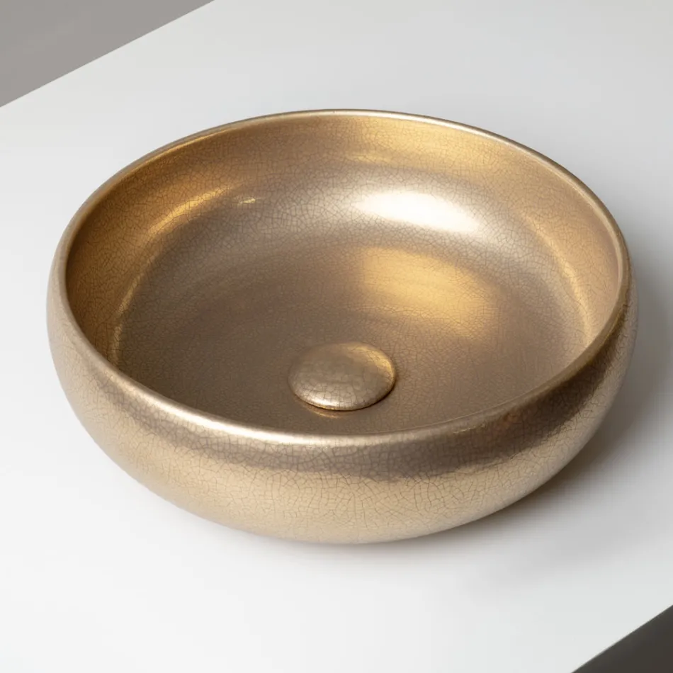 Évier de comptoir en argile Raku métallisée tournée à la main - Prisma Viadurini