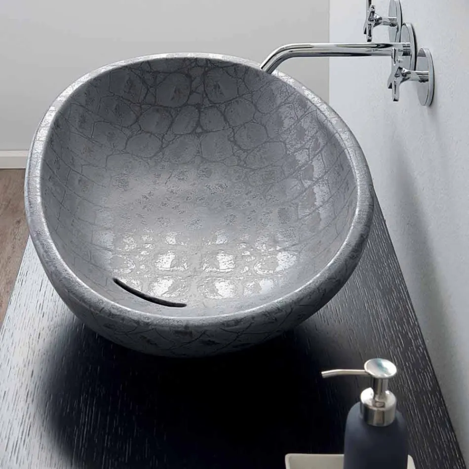 Lavabo à poser en céramique imprimée de noix de coco grise fabriqué en Italie brillant Viadurini