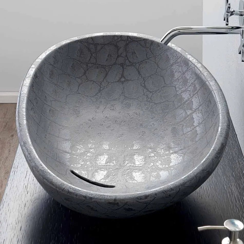 Lavabo à poser en céramique imprimée de noix de coco grise fabriqué en Italie brillant Viadurini
