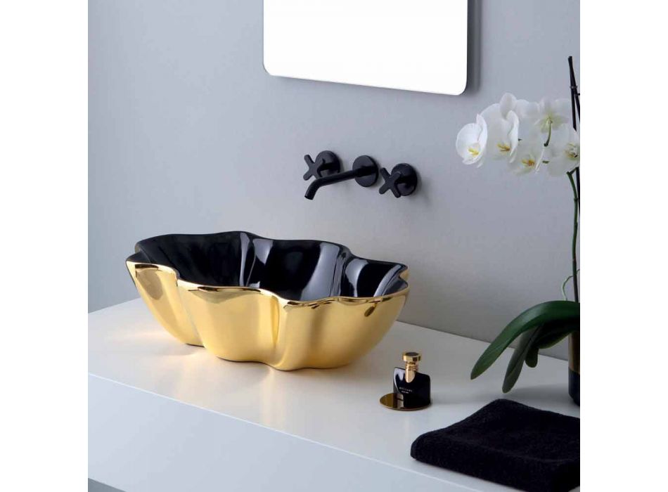 Lavabo à poser moderne en céramique noire et or fabriqué en Italie Cube Viadurini