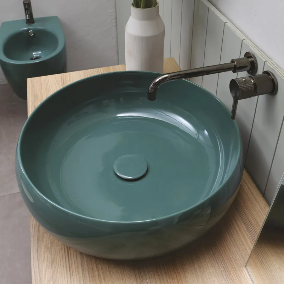 Lavabo à poser rond en céramique brillante Made in Italy - Candito Viadurini