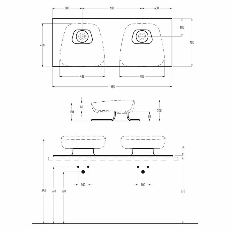 Lavabo double mural moderne en céramique fabriqué en Italie, Reale Viadurini
