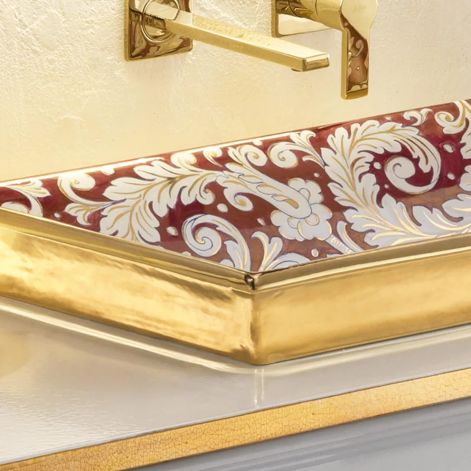 Lavabo en terre cuite moulée à la main avec des décorations colorées fabriquées en Italie - Aulente Viadurini