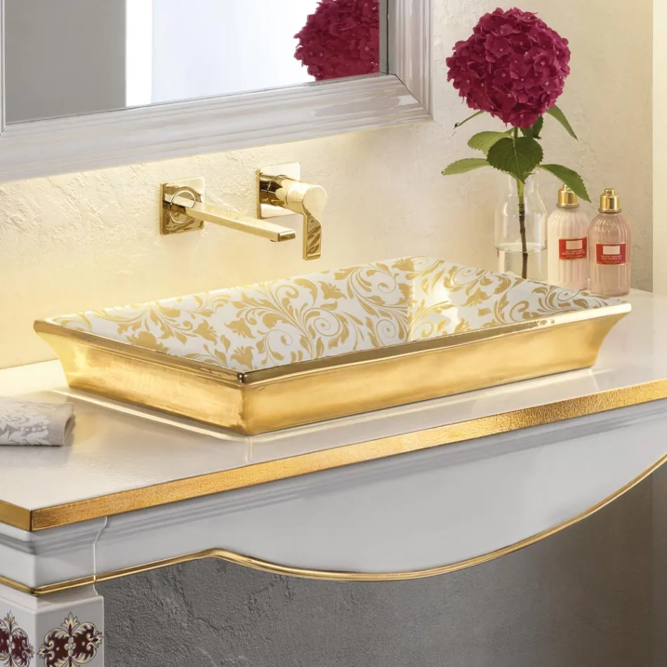 Lavabo en terre cuite moulée à la main avec des décorations colorées fabriquées en Italie - Aulente Viadurini