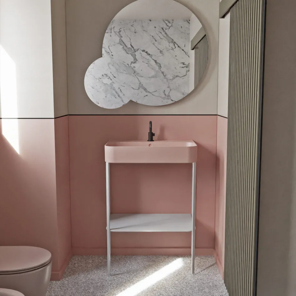 Lavabo en céramique avec structure sur pied avec étagère Made in Italy - Graffa Viadurini