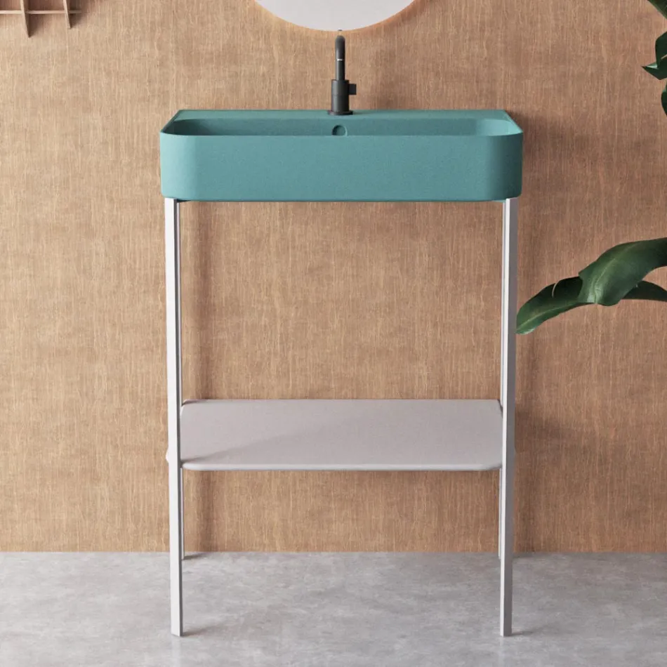 Lavabo en céramique avec structure sur pied avec étagère Made in Italy - Graffa Viadurini