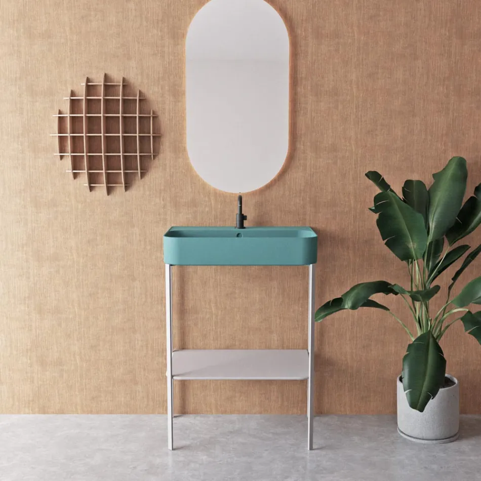 Lavabo en céramique avec structure sur pied avec étagère Made in Italy - Graffa Viadurini