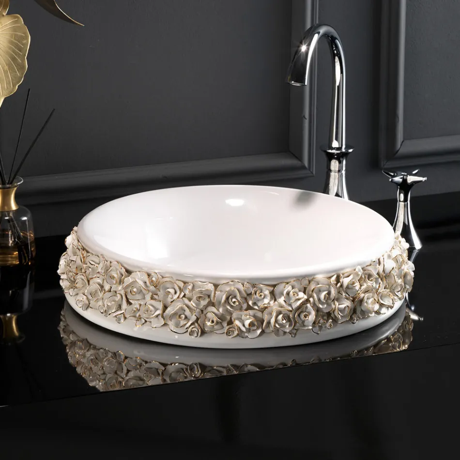 Lavabo en porcelaine avec pétales appliqués à la main Made in Italy - Amarone Viadurini