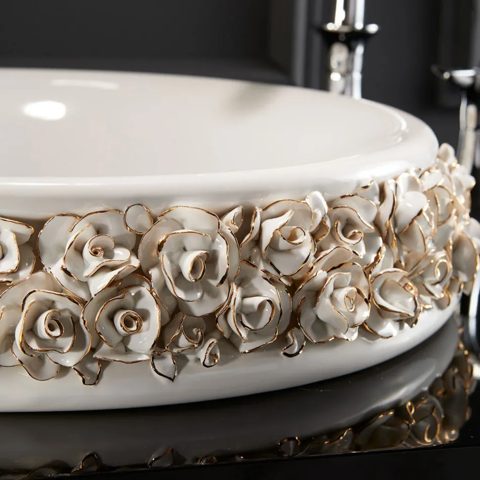 Lavabo en porcelaine avec pétales appliqués à la main Made in Italy - Amarone Viadurini