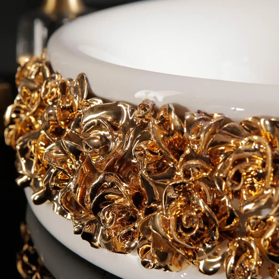 Lavabo en porcelaine avec pétales appliqués à la main Made in Italy - Amarone Viadurini