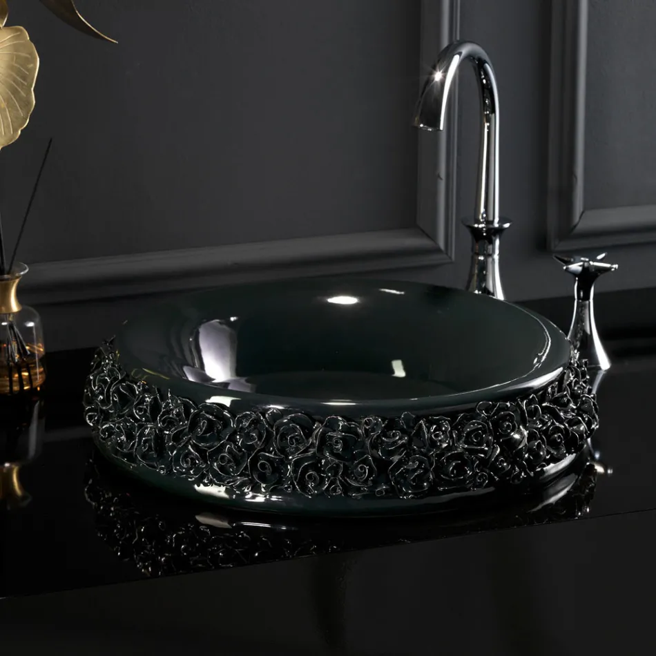 Lavabo en porcelaine avec pétales appliqués à la main Made in Italy - Amarone Viadurini