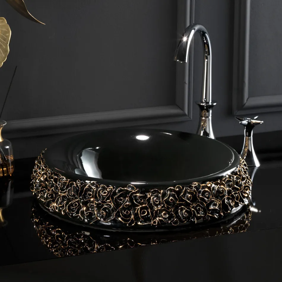 Lavabo en porcelaine avec pétales appliqués à la main Made in Italy - Amarone Viadurini