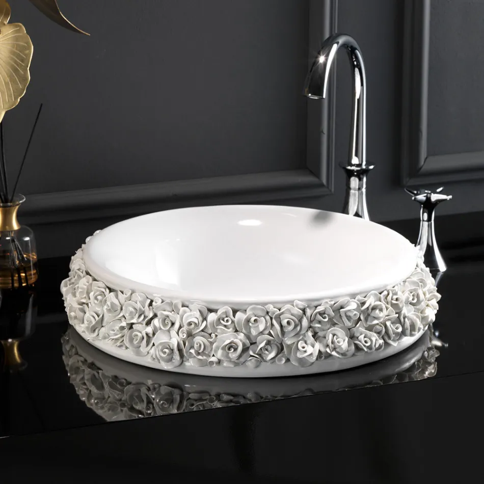 Lavabo en porcelaine avec pétales appliqués à la main Made in Italy - Amarone Viadurini