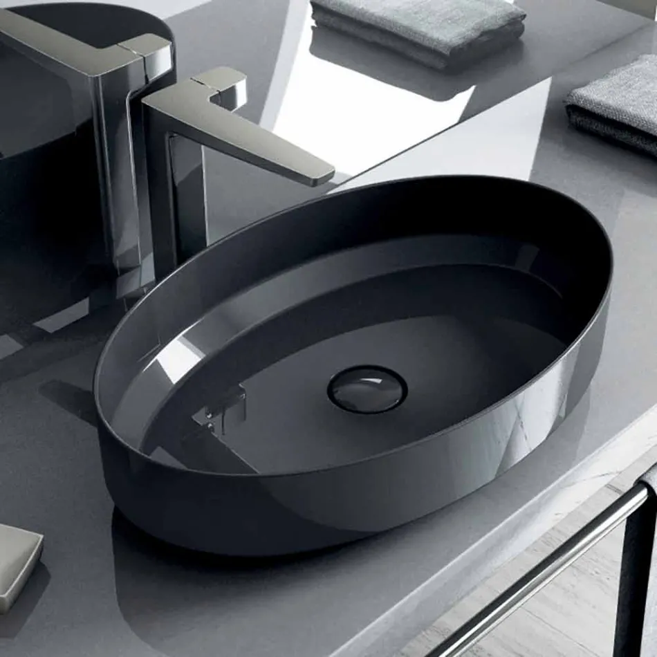 Vasque à poser en céramique ovale fabriquée en Italie, Yoel Viadurini