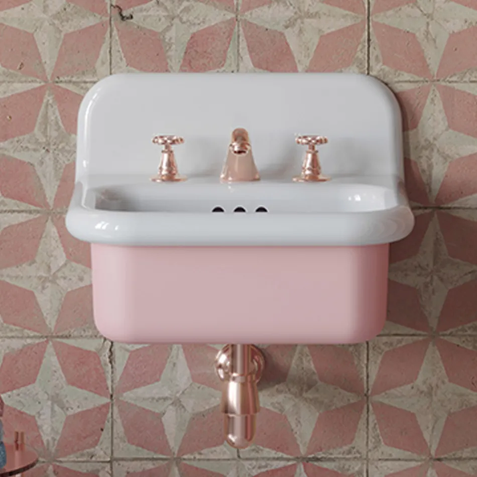 Lavabo de salle de bain suspendu en céramique blanche et rose bonbon - Manila Viadurini