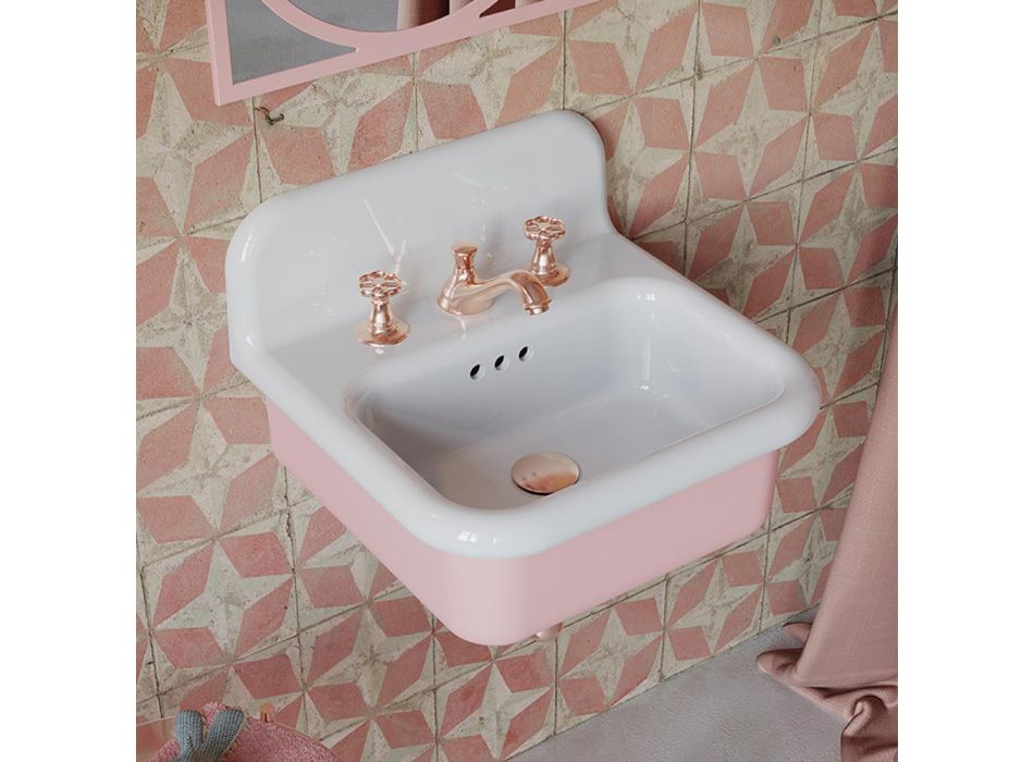 Lavabo de salle de bain suspendu en céramique blanche et rose bonbon - Manila Viadurini