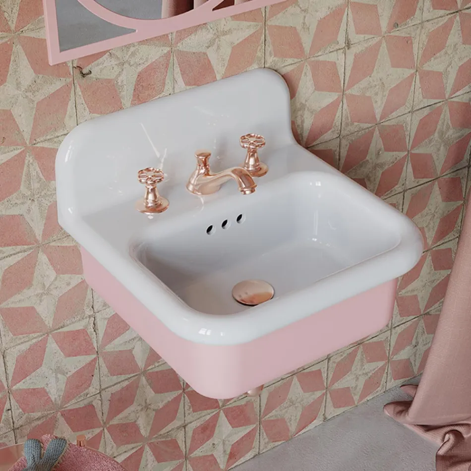 Lavabo de salle de bain suspendu en céramique blanche et rose bonbon - Manila Viadurini