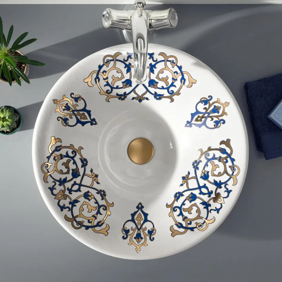 Lavabo semi-encastré avec décorations Bleu Cobalt et Or ou Or Fabriqué en Italie - Capatosta Viadurini