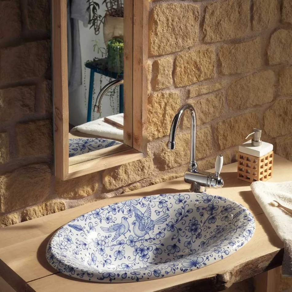 Lavabo semi-encastré en terre réfractaire peinte à la main Made in Italy - Principe Viadurini