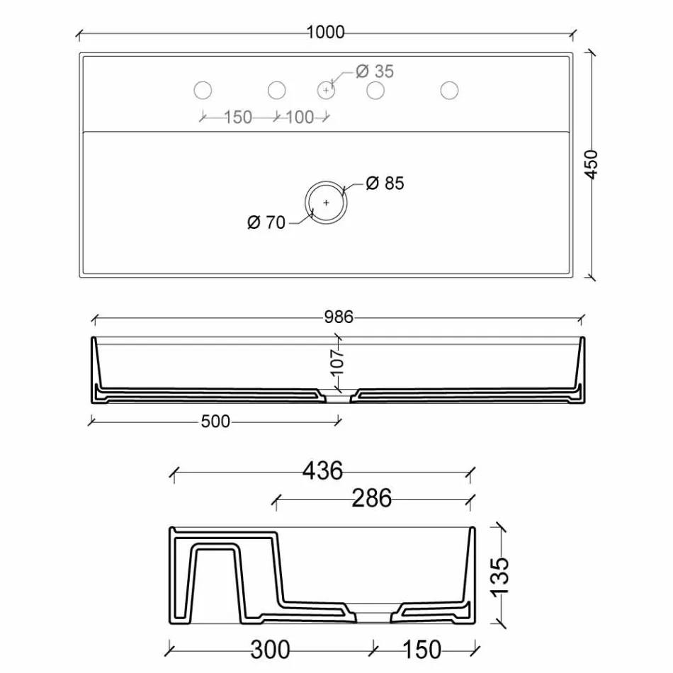 Lavabo suspendu en céramique design moderne Sun 100x45 cm fabriqué en Italie Viadurini