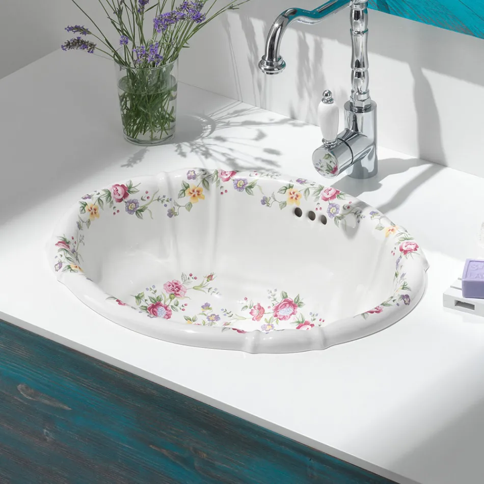 Lavabo vintage en porcelaine moulée à la main avec fleurs fabriqué en Italie - Barbera Viadurini