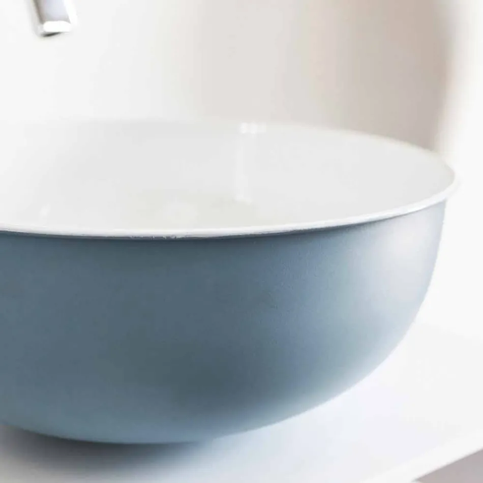 Lavabo à poser rond en métal émaillé blanc et bleu ciel - Sky Viadurini