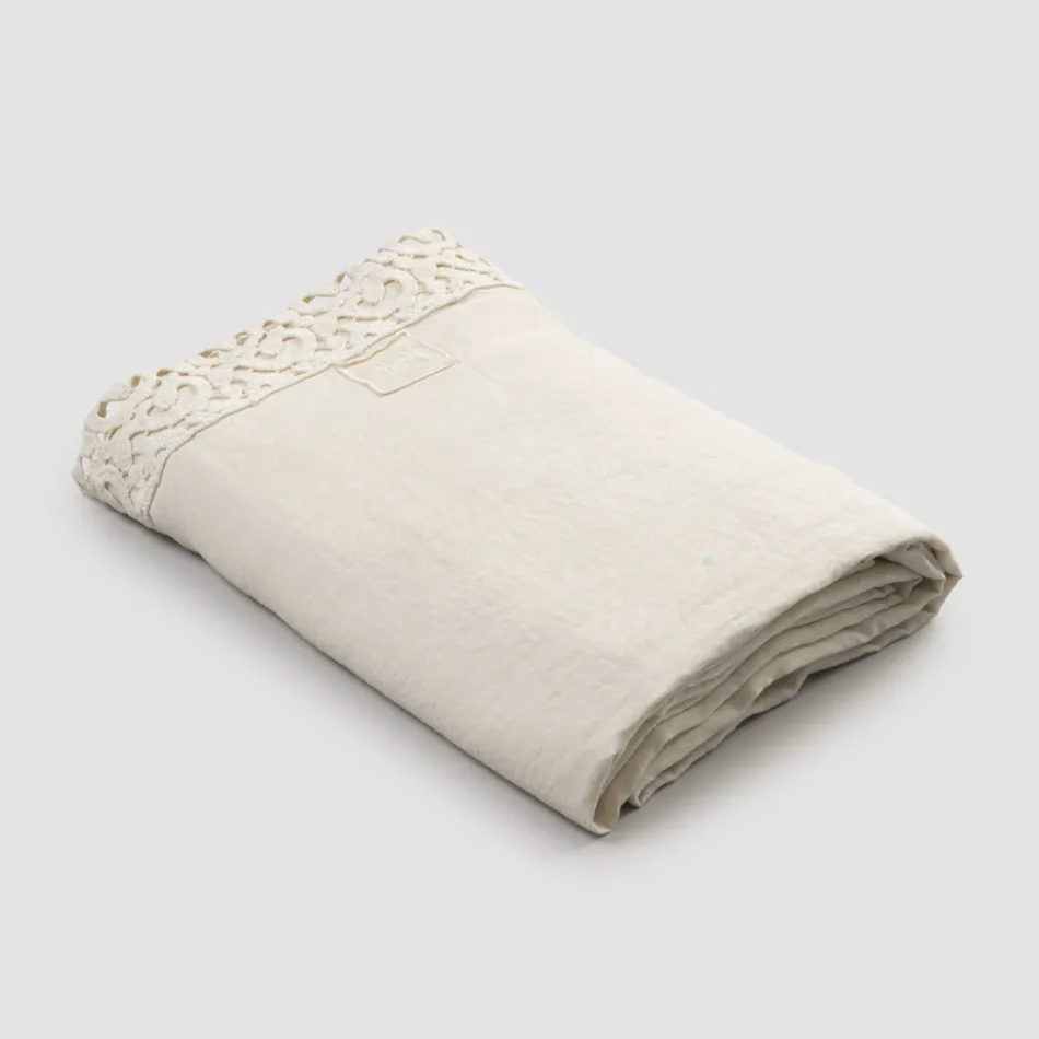 Drap de lit double en lin avec dentelle Poema, 3 finitions - Dulcis Viadurini