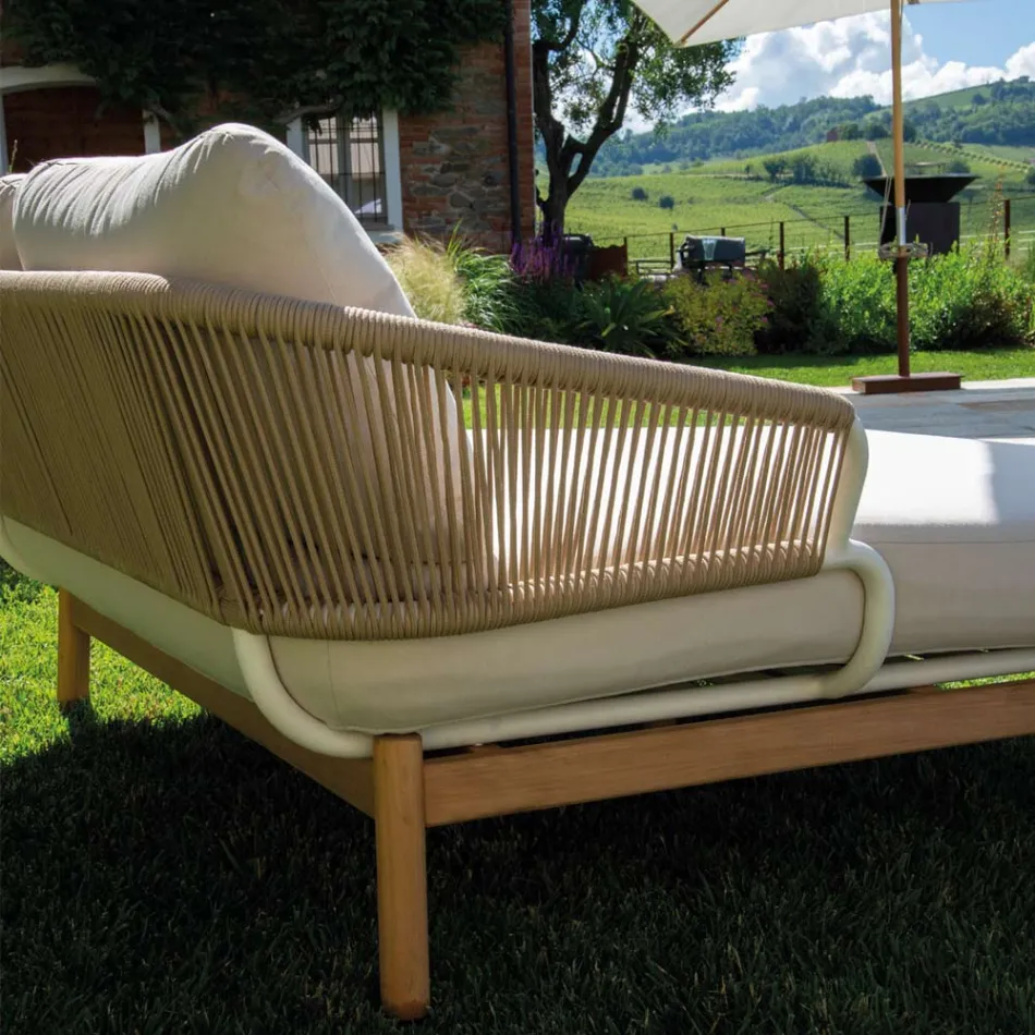 Chaise longue d'extérieur avec cadre en teck, cordes et coussins - Tente Viadurini