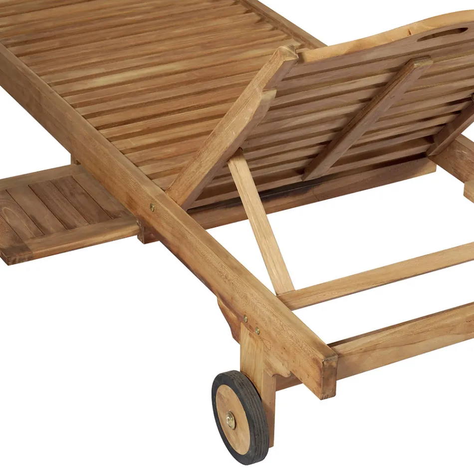 Chaise longue de jardin en teck avec table et roulettes amovibles - Oasi Viadurini