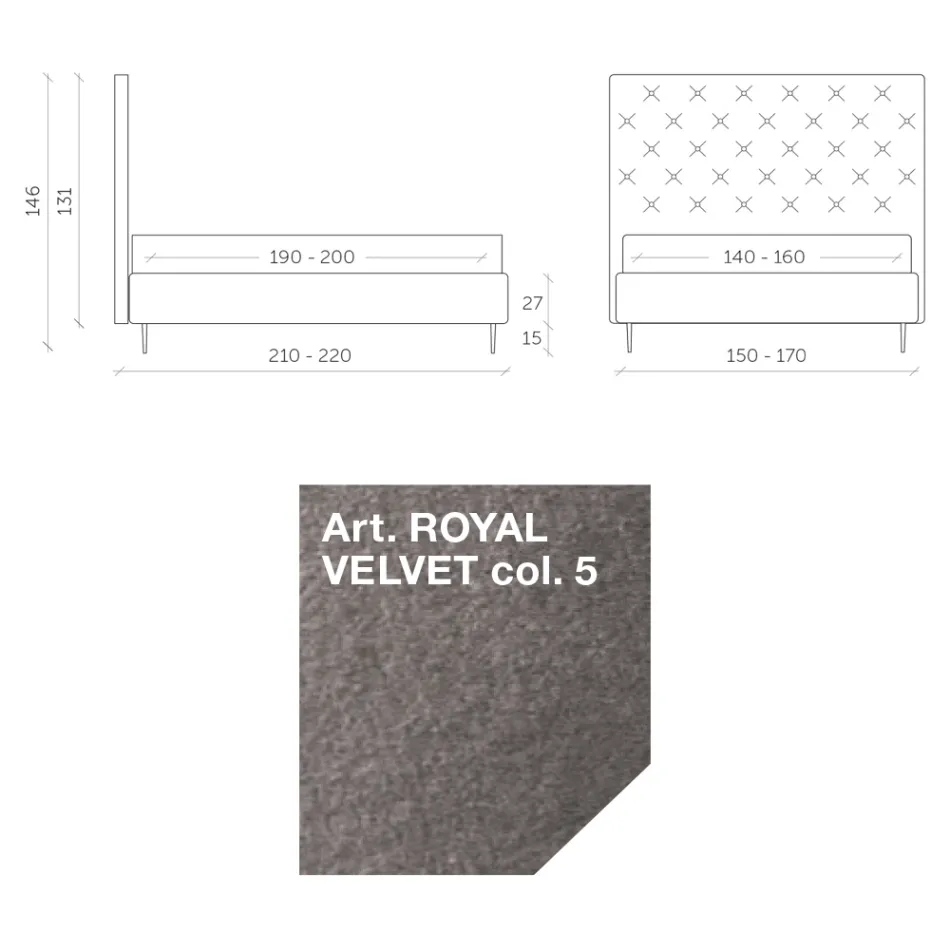 Lit Double 160x190 avec Tête de Lit Haute et Matelassée Made in Italy - Sallie Viadurini