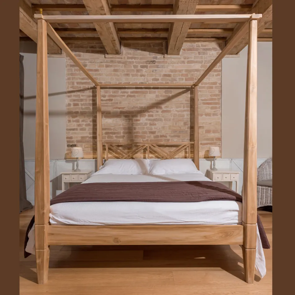Lit double 180x200 avec baldaquin en teck massif - Peinture tempera Viadurini