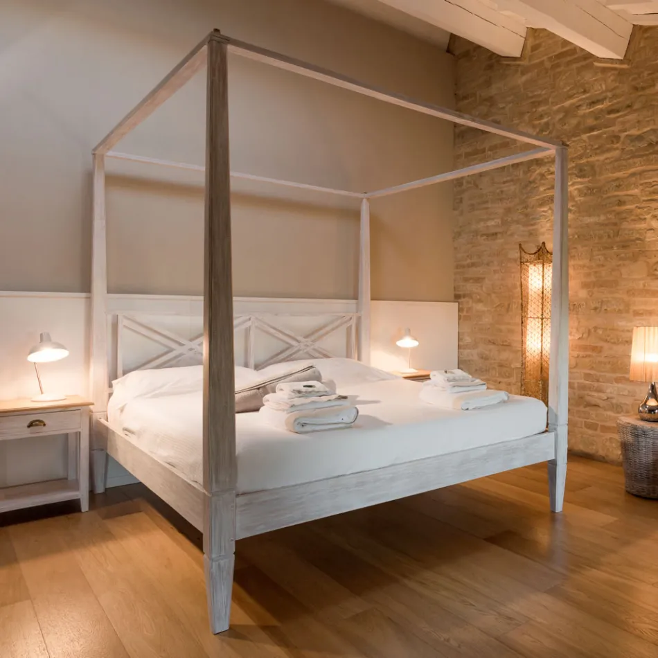 Lit double 180x200 avec baldaquin en teck massif - Peinture tempera Viadurini