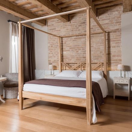 Lit double 180x200 avec baldaquin en teck massif - Peinture tempera Viadurini