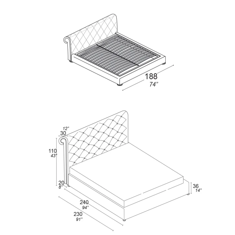 Lit double avec rembourrage capitonné et pieds en bois - Briosco Viadurini
